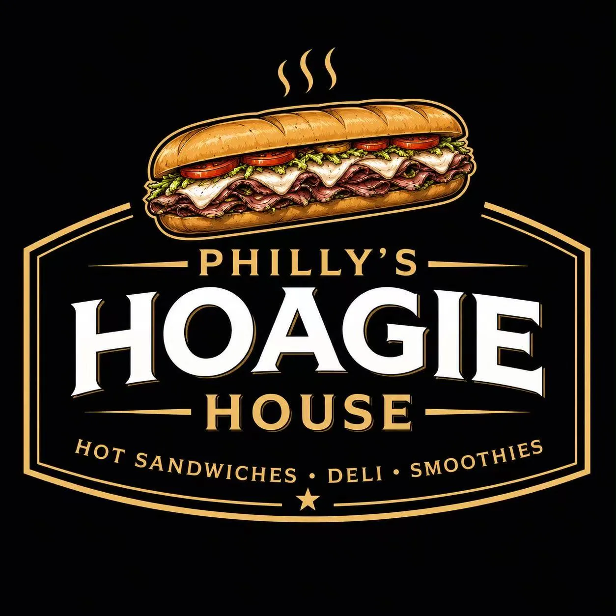 Philly's Hoagie House logo with illustrated hoagie sandwich on black background