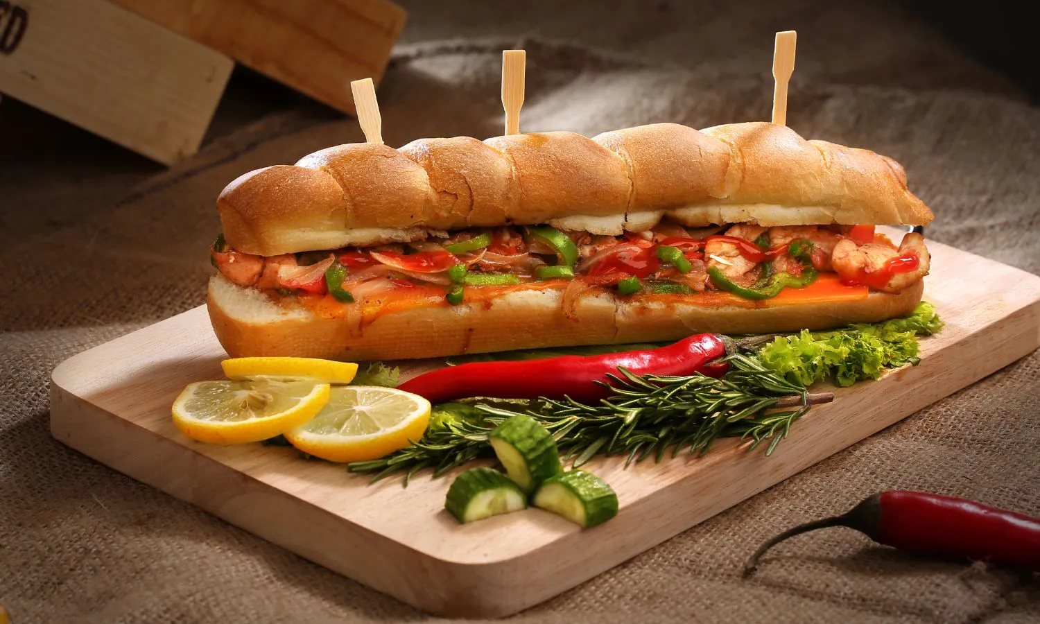 Chicken hoagie sandwich with peppers and onions served on wooden board