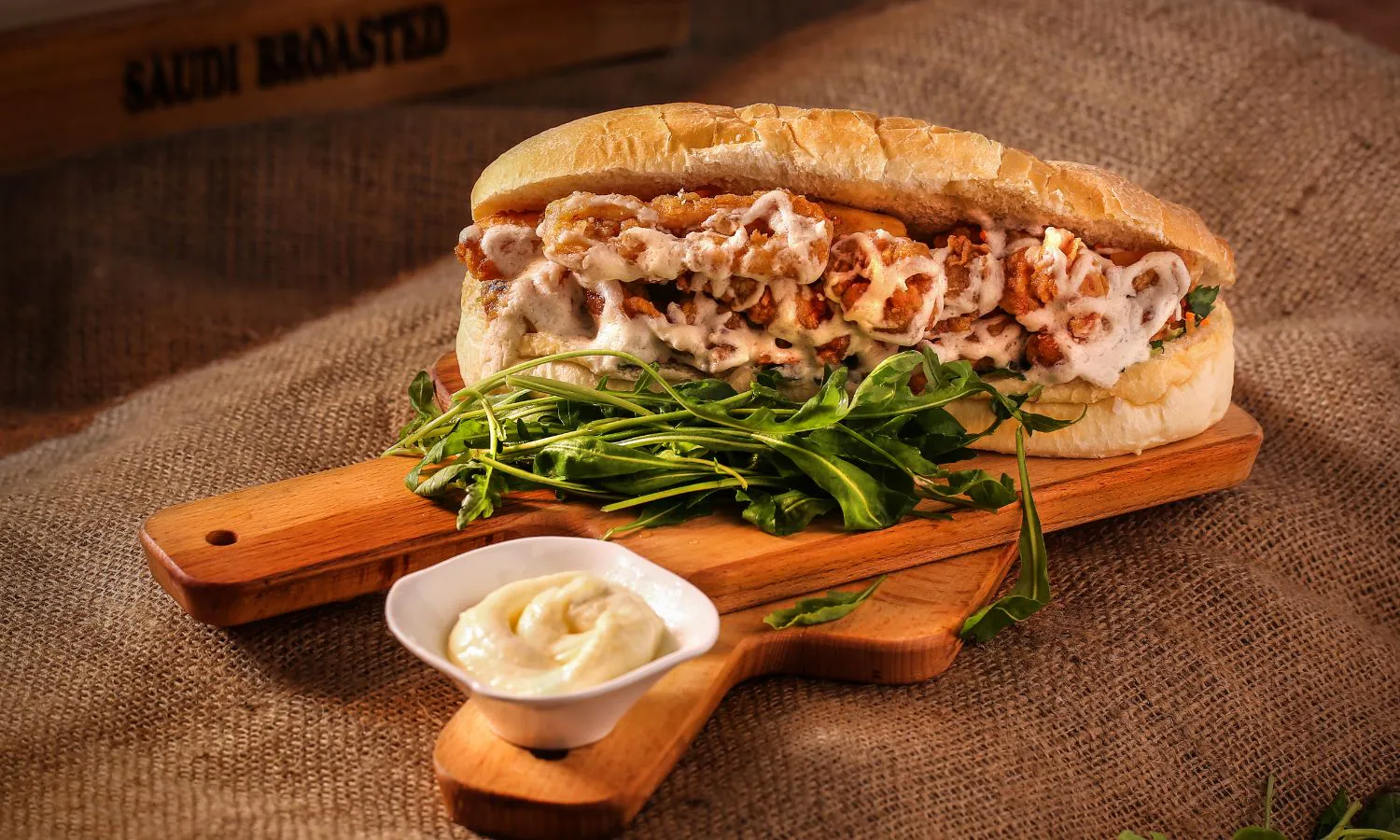 Crispy fried chicken hoagie topped with creamy white sauce and arugula