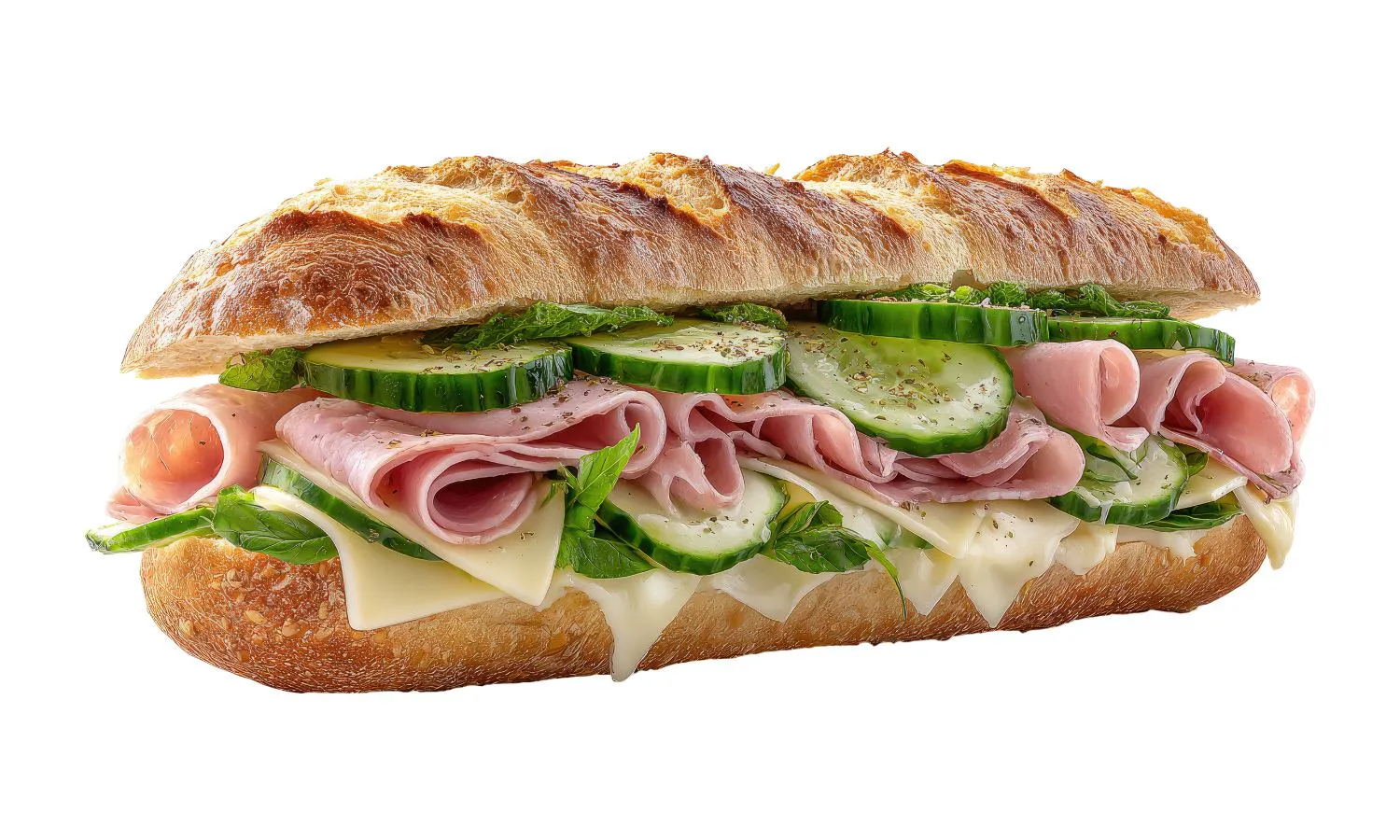 Ham and cheese hoagie with cucumber slices and fresh basil leaves