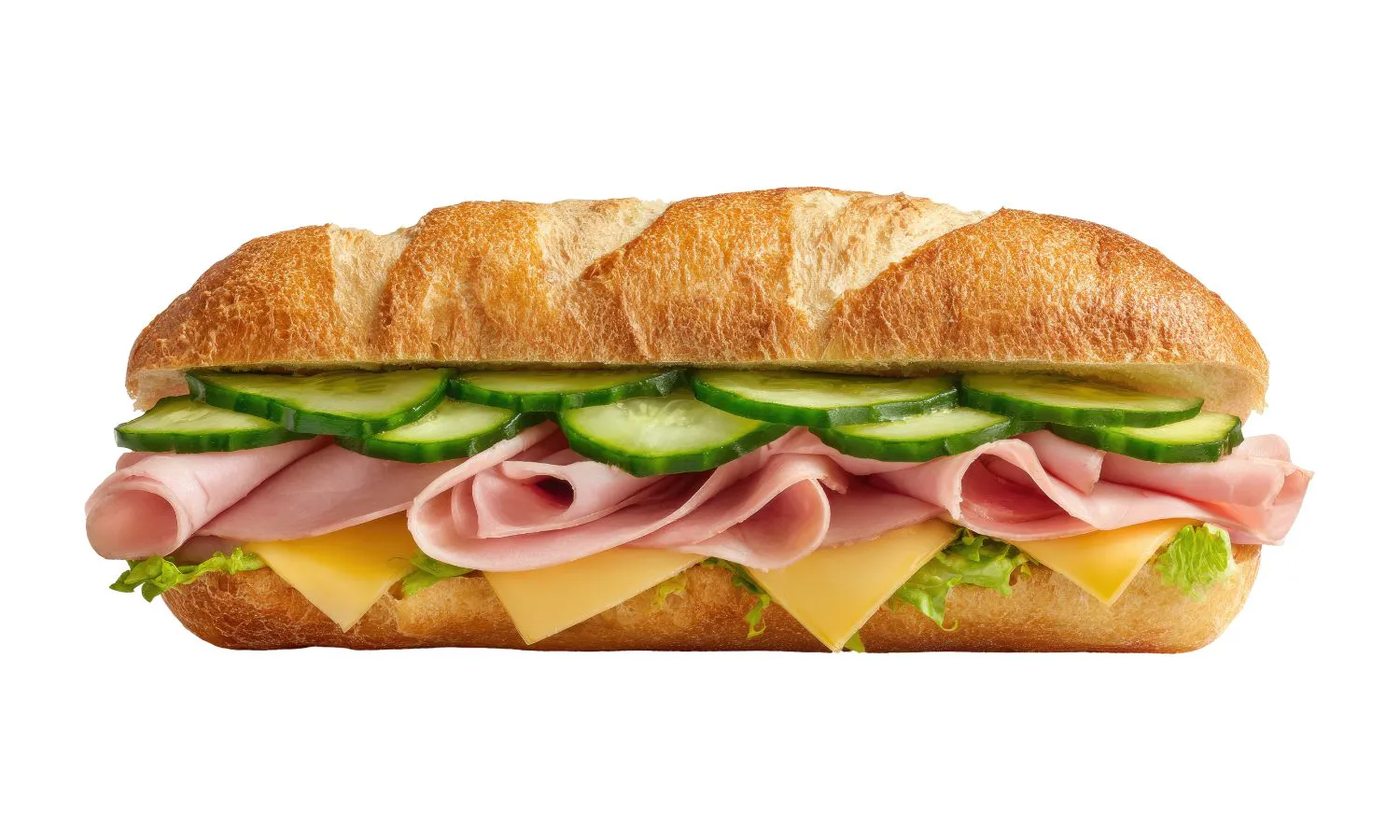 Ham hoagie with cucumber, ham slices and yellow cheese inside crusty roll