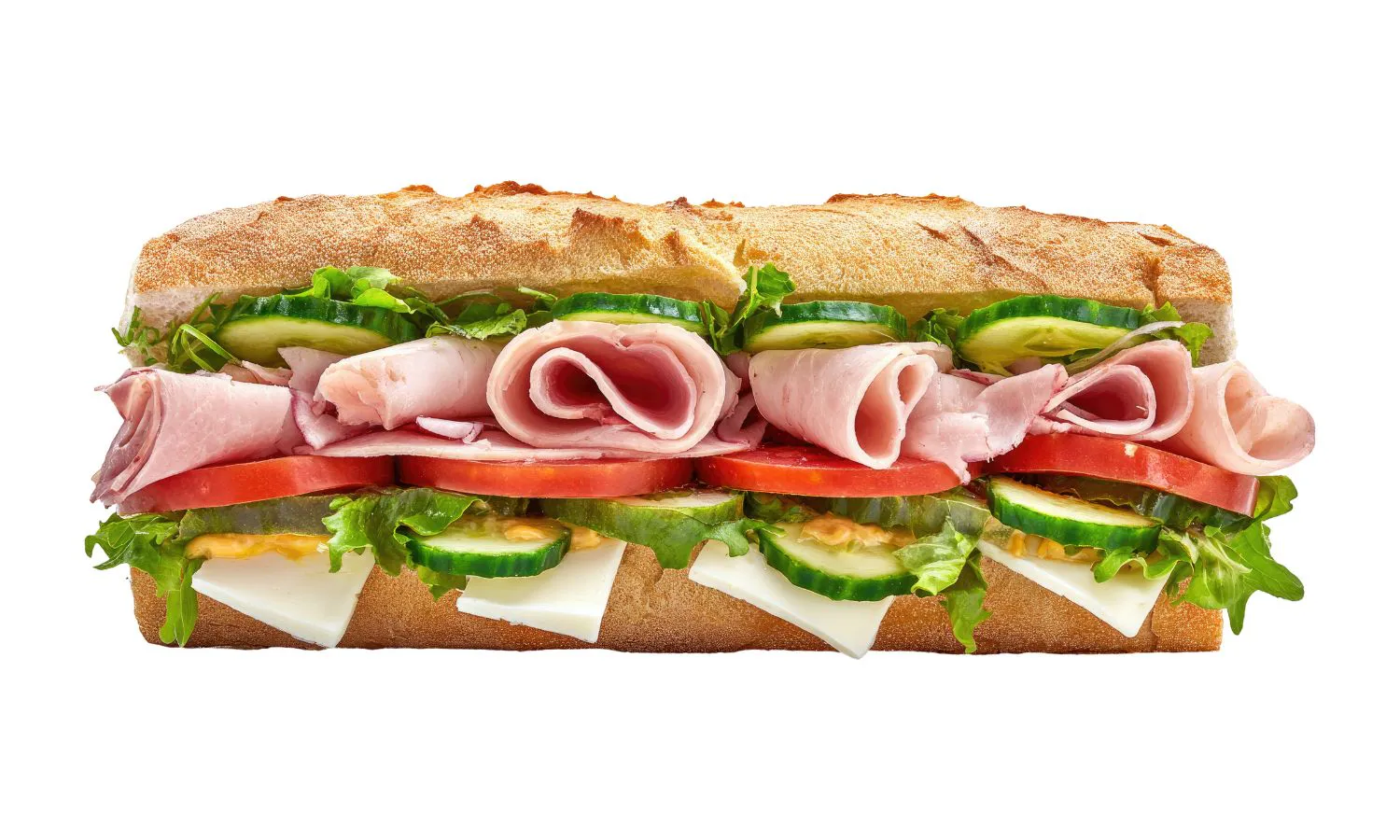 Deli meat hoagie layered with ham, tomato, cucumber, lettuce and white cheese