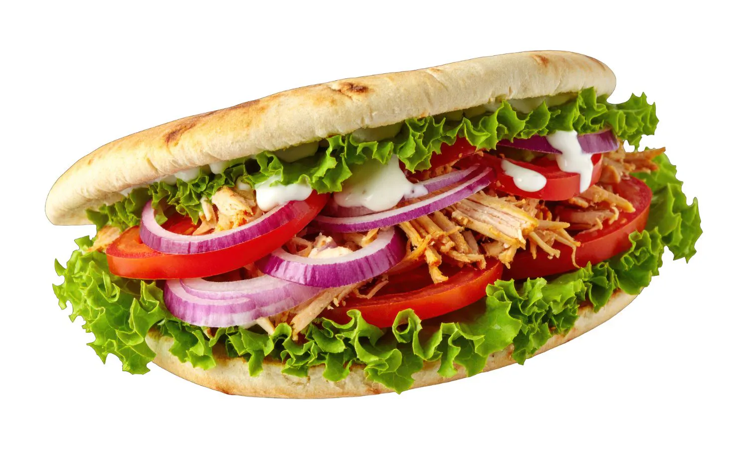 Shredded chicken pita sandwich with tomato, red onion, lettuce and creamy sauce