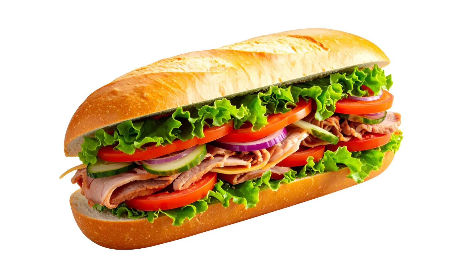 Roast beef hoagie loaded with fresh lettuce, tomato, cucumber and red onion