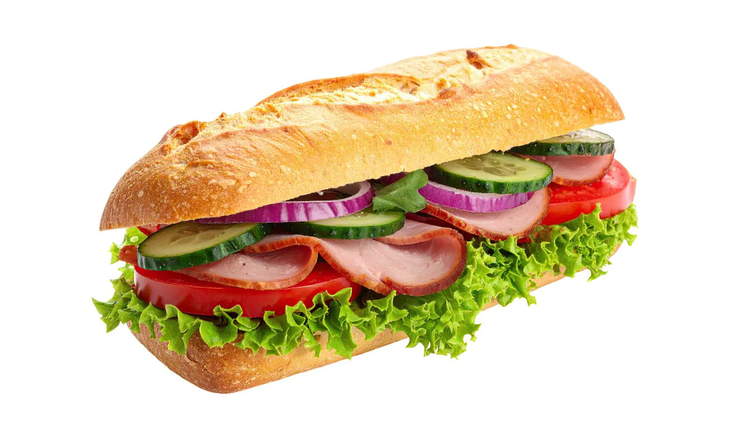 Ham hoagie filled with fresh cucumber, tomato, red onion and lettuce